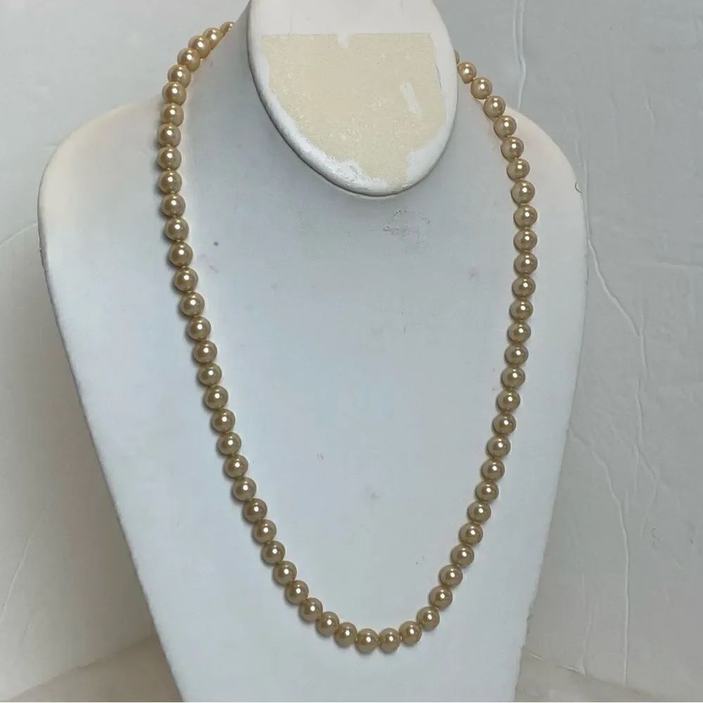 Vintage Faux Pearl Necklace With Gold Tone Clasp Crystal Accents